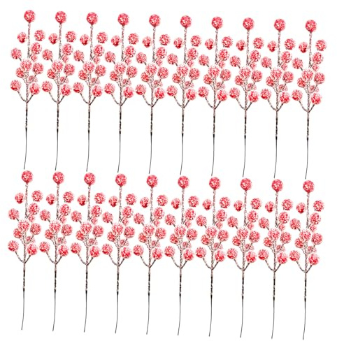 SEWACC 20 Pezzi Bacche Rosse Artificiali con Ghiaccio Finto di Agrifoglio per Addobbi Albero Natale Decorazioni Fai da Te per Ghirlande Centrotavola e Composizioni Festive