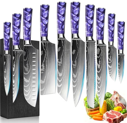 FIVE COWS Set Coltelli da Cucina, 10pz con Coltelli da disosso, Coltelli per frutta e Coltelli da Chef, Manico in resina, Acciaio Inossidabile, Damasco, set coltelli da cucina professionali(Viola)