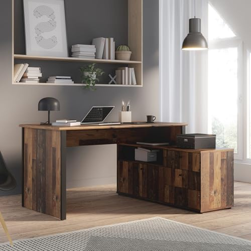 Forte TEMPRA 2 Schreibtisch 120, moderner Schreibtisch in L-Form mit Regal, 2 Türen, 3 Schubladen, Holzwerkstoff, Old Wood Vintage Holzdekor/Schwarz, 120,6 cm breit x 74,9 cm hoch x 151,4 cm tief