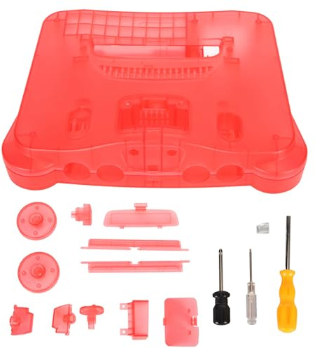 SparkFeng Retro Video Game Console Translucent Case, Protective Shell for N64, Professional Thickened ABS Material, Replacement Housing Case with Screwdriver and Buttons, (Translucent Light Red)
