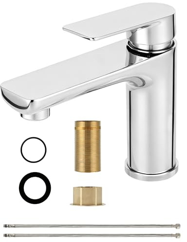 Grifo de baño de acero inoxidable – Grifo monomando para lavabo – Grifo de baño con manguera de conexión de 60 mm, altura de caño 95 mm, ahorro de energía, grifos de lavabo para invitados WC/baño