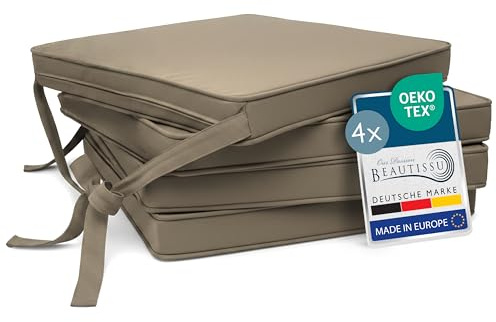 Beautissu 4er Set Stuhlkissen mit Bändern rutschfest Sitzkissen für Stühle | 45x40cm Taupe Stuhlpolster Sitzpolster mit Befestigungsbändern Sitzauflage Polsterauflage Esszimmerstuhl Kissen Loft SK