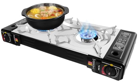 Hornillo de gas de 2 fuegos con encendido piezoeléctrico, 2 en 1 para | Con placa de parrilla, válvula de protección contra sobrepresión, para butano o gas, 2500 W