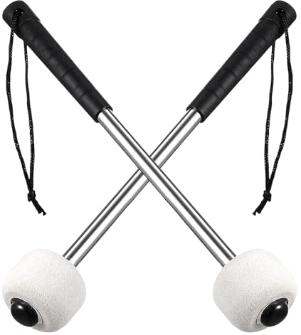 2 Pack Felt Head Drum Mallets, Percussion Timpani Sticks with Stainless Steel Handle, Marching Drumstick, Anti Slip Grip Bass Drum Mallet for Snare Drum, Wool Felt Head with Storage Bag