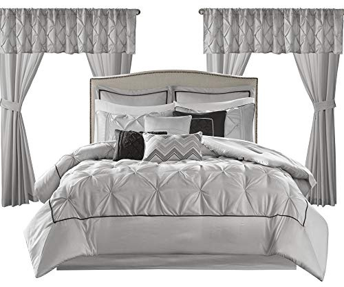 Madison Park Essentials Room in a Bag Kunstseide Bettdecken-Set – Luxe Diamant Tufting Ganzjahres-Bettwäsche, passende Vorhänge, dekorative Kissen, graue Queen-Size-Betten (228,6 x 228,6 cm)