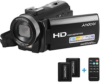 Andoer Camcorder 1080P 24MP Video Camera 16X Digital Zoom 3.0 Inch LCD with 2pcs Batteries + Remote Control