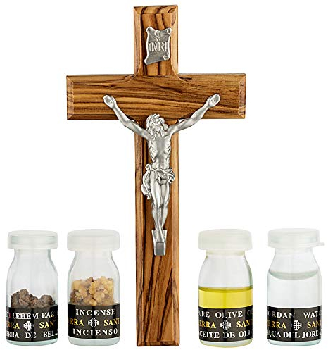 MaMeMi KRUZIFIX aus OLIVENHOLZ ca. 15 x 7,5 cm – mit KORPUS & 4 ESSENZEN aus dem HEILIGEN LAND – inkl. GESCHENKVERPACKUNG & ZERTIFIKAT – Kreuz mit OLIVENÖL, JORDANWASSER, ERDE & WEIHRAUCH