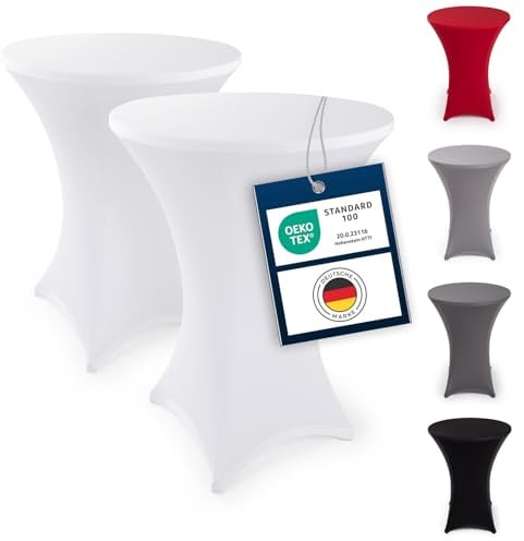 Blumtal 2er Set Stretch Stehtisch Hussen Bügelfrei - Oeko -TEX zertifizierte Tischhussen für Stehtische Ø 60 – 65 cm - Verstärkung im Fußbereich - waschmaschinengeeignet - Weiß