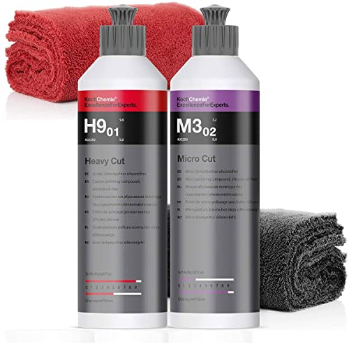 Koch Chemie Politur Set: Heavy Cut Abrasive Schleifpolitur, 250ml + Micro Cut Feine Schleifpolitur, 250ml + 2 Mikrofasertücher, 40x40cm, 550GSM