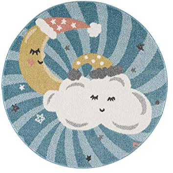 payé Teppich Rund Kinderzimmer - Blau - 120x120cm - Wolken Mond und Sterne - Spielteppich Kurzflor Kinderteppich - Oeko-Tex Standard 100 - Allergiker geeignet