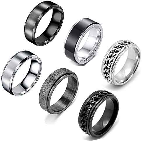 VELESAY 6 Stück schwarzer Edelstahlring für Männer Frauen Vintage Rock Gothic Ring Kette Ring Herren Schwarz Punk Kettenring Herren Edelstahl Frauen, Edelstahl, Kein Schmuck