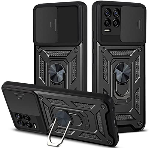 PANXIYUE Funda realme 8 Pro/realme 8 4g,Ventana corrediza blindada a Prueba de Golpes Doble Capa Hard PC y Silicona TPU con 360°Anillo iman Soporte Carcasa Funda para realme 8 Pro/realme 8 4g,Negro