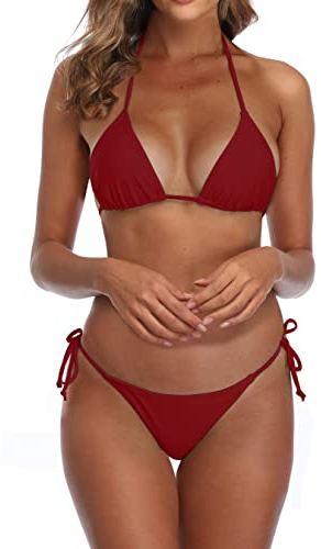 SHERRYLO Tanga-Bikini, Badeanzug für Damen, schwarz, brasilianischer String-Bikinis, Badeanzug, Triangel-Top, Badeanzüge, Weinrot, S