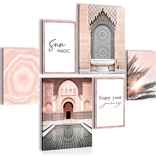 Novart- Tableau Décoration Murale- Palme Du Maroc- Decoration Chambre Salon- Prêt à être Accroché- 6 Cadres 30x40 & 20x30 cm- Rose- N005963a