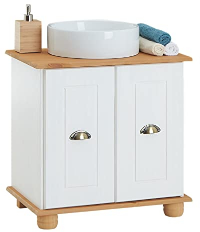 IDIMEX Waschbeckenunterschrank Colmar, praktischer Waschtischunterschrank mit 2 Fächer, schöner Badschrank aus massiver Kiefer weiß/braun
