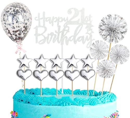 16Pcs Happy 21st Birthday Cake Topper Silver for Boy&Girl,Glitter personalised Cake Topper Cupcake Toppers,Cake Topper Kit 21st Birthday Cake Decorations for Boy&Girl,Happy Birthday 21st Sign for Cake