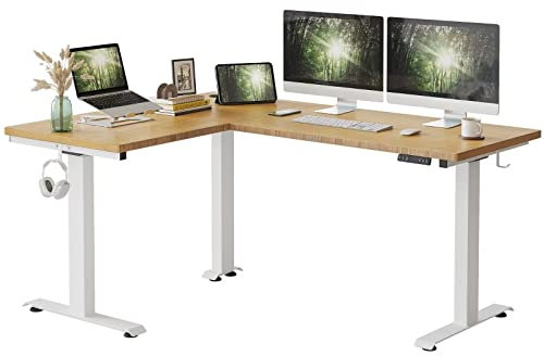 FEZIBO DREI Motoren Schreibtisch Höhenverstellbar Elektrisch, L Form Stehpult, Links und rechts austauschbar, 160 x 120 cm Stehschreibtisch eckschreibtisch, Weiß Rahmen/Bambus Tischplatte