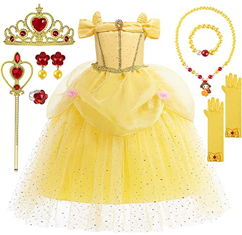 YYDSXK Vestito Principessa Bambina, Costume Rosa Bella e la Bestia con Set Corona Principessa, Bella Costume Carnevale per Regalo Bambina, Costume Bella e la Bestia per Compleanno Cosplay