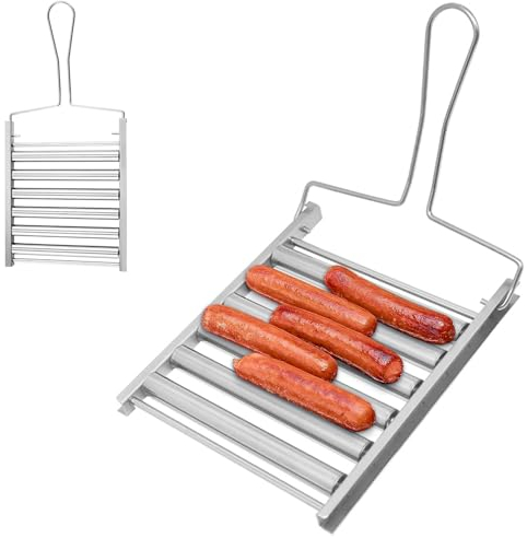 BBQ Sausage Grill Basket, Hot Dog Roller for Grill, 5 Hot Dogs Metal Barbecue Sausage Rack with Long Handle, BBQ Gifts Outdoor Accessories for Men, Holder Party Kitchen Camping Gadgets