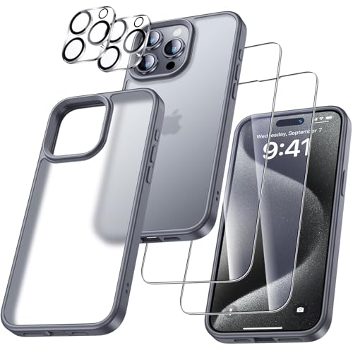 UniqueMe für iPhone 15 Pro Hülle, 5-in-1-Set Handyhülle für iPhone 15 Pro Case Rundumschutz Schutzhülle Cover, 1 Handyhülle & 2 Schutzfolie & 2 Kameraschutz - Grau