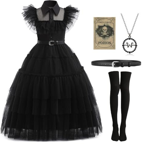 Mrsclaus Costume di Halloween per bambini ragazza vestito nero mercoledì cosplay con calze collana testa scheletrica adesivo carnevale costume cinematografico C039-120