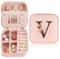 Portagioie con Lettera Iniziale V, Piccoli Scatola Portagioie da Viaggio con Specchio, Mini Porta Gioielli Donna, Gioielli Pelle PU Portagioie Organizer Regalo di Compleanno per Donne Ragazze