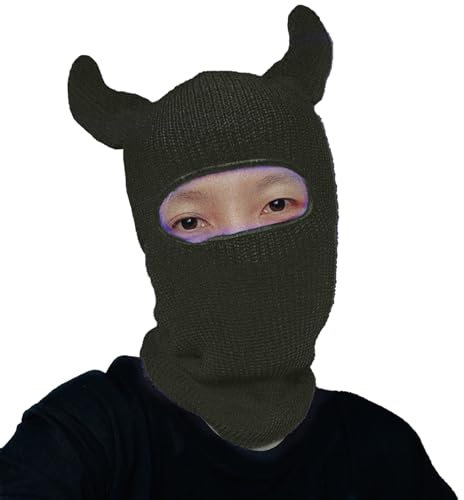 Altsuceser Gestrickte Vollgesichtsabdeckung mit lustigen Hörnern Dekor Warme Skimasken Winter Ski Sturmhaube für Erwachsene Outdoor Beanie Mütze, Atrovirens, One size