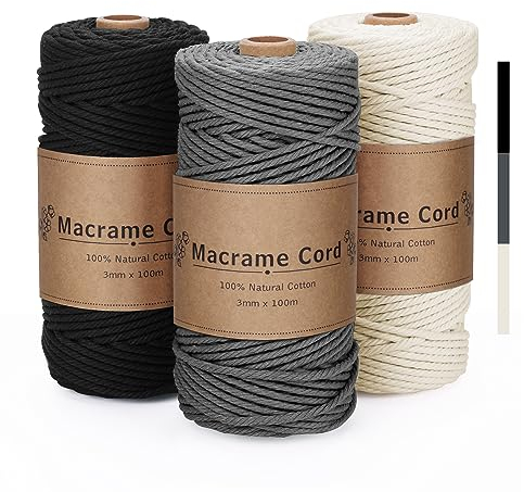 VORHOT Makramee Garn 3mm x100m Set Grau Beige Schwarz, Baumwollkordel Natur für Basteln Stricken Boho Deko Wandbehang Dekoration
