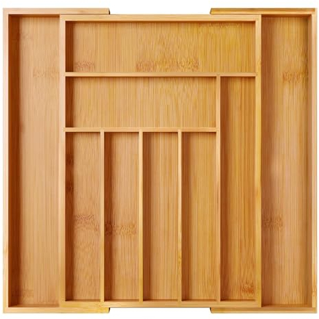 ADEPTNA Large Expandable Bamboo Cutlery Tray Drawer Organiser 7-9 Storage Compartments Holds Kitchen Utensils Office Supplies