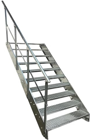 Kaminbau Mierzwa Premium Stahl Treppe mit Geländer links komplett Verzinkt / 10 Stufen (Breite 800 mm) (Höhe 190 cm) Wetterfest Gitterroststufe Gartentreppe