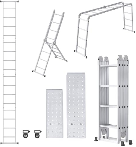 HENGMEI 6 in 1 Leiter Mehrzweckleiter Aluminium mit Plattform 4,7m Multifunktionale Klappleiter Arbeitsleiter Haushaltsleiter bis 150kg, 4x4 Stufen Stufen mit 2 Gerüstplatten