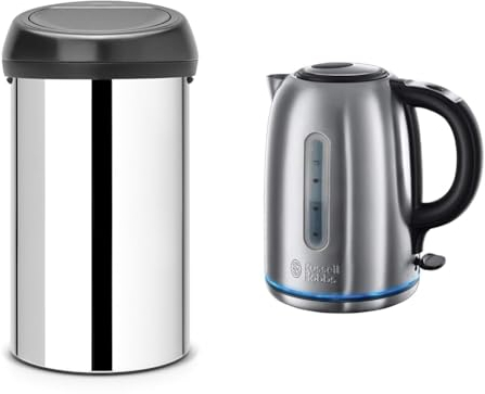 Brabantia 60 Litre Large Kitchen Touch Bin (Brilliant Steel/Matt Black Lid) Removable Lid & Russell Hobbs Brushed Stainless Steel Electric 1.7L Cordless Kettle