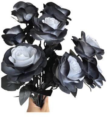 Xshelley 10 mazzi di rose artificiali nere e bianche, non sbiadiscono, fiori finti in seta a stelo singolo, fiori realistici, per fai da te casa ~ decorazione di Halloween