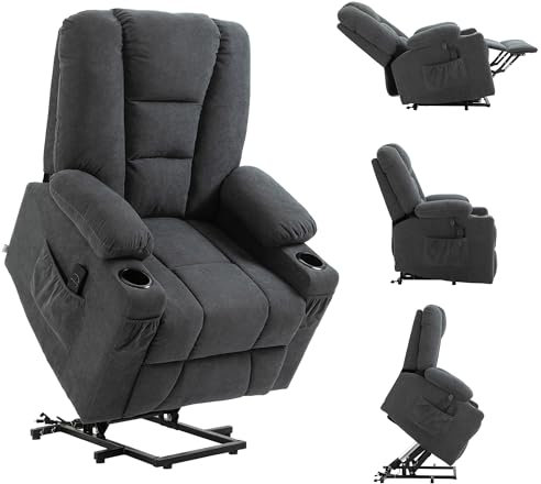 HOMCOM Oversized Riser and Recliner Chairs for the Elderly, Fabric Upholstered Lift Chair for Living Room with Remote Control, Side Pockets, Cup Holder, Charcoal Grey