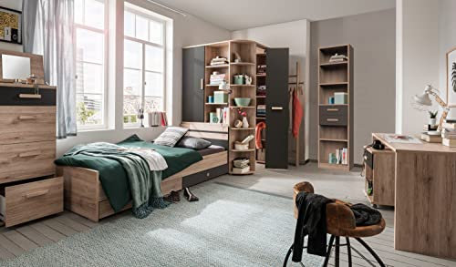 Modernes Jugendzimmer Cariba in Eiche San Remo & Graphit oder Eiche San Remo & Weiß – wahlweise Matratze und Lattenrost - Verschiedene Set Varianten (10 teilig in Eiche San Remo und Graphit, Matratze)