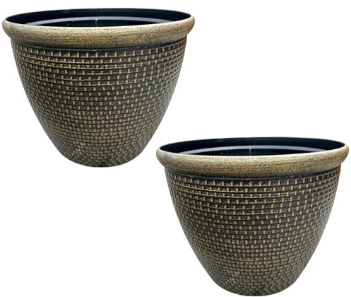 Gr8 Garden Large 36cm Plastic Round Cromarty Plant Pot Flower Planter Water Grow Tub Garden Patio Indoor Outdoor Decor (Gold, Pack Of 2)