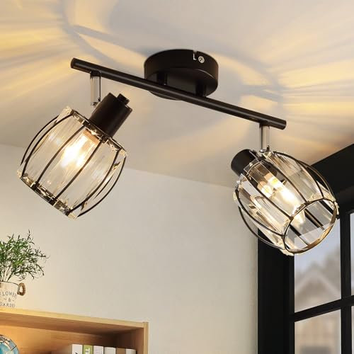 ZMH Deckenstrahler 2 Flammig Deckenlampe Vintage - Schwarz Deckenleuchte Kristall Design Flur Retro E14 Strahler Retro Metall 350°Schwenkbar Spots für Küche Wohnzimmer Schlafzimmer(Ohne Leuchtmittel)