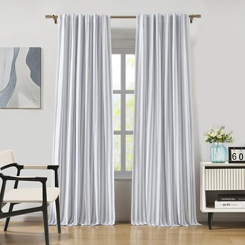 ZJDECOR Blue Striped Blackout Curtains 84 Inches Length,Ticking Stripe on White Cotton Blended Light Filtering Fabric with White Liner,Modern Bedroom Window Treatment,Back Tab Rod Pocket,55 Wx84 Lx2