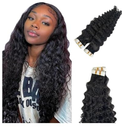 Haar-Tape-Extensions Tape-in-Extensions aus Echthaar, tiefe Wellen, natürliche Farbe, gewellt, gelockt, nahtlos, Hauteinschlag, Tape-in-Haarverlängerungen for schwarze Frauen, brasilianisches Remy-Haa
