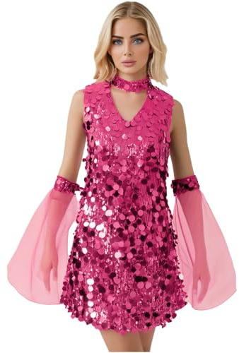 Alvivi Femme Paillettes Brillante Robe Déguisement Disco Années 70 Sequins Robe Soirée Gala Rave Disco Party Spectacle Rose Vif M