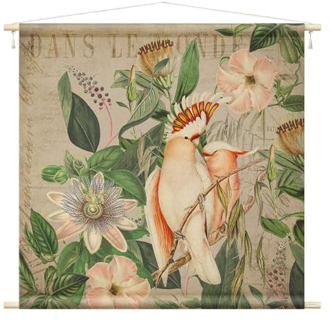 micasia Wandteppich Andrea Haase Blumen Floral Stoffbild inkl. Holzstäbe & Seile Wanddeko - Made in Germany - Vögel Retro Vintage rosa Wohnzimmer Schlafzimmer Wandbehang 1007 (145x145cm)