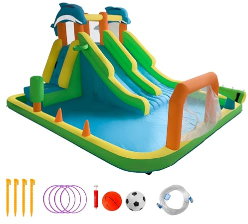 CATCHLUCK Bouncy Castle with Water Slide, Inflatable Equipment, Inflatable Paddling Pool for Children, 2 Slides, Dolphin Theme, Slide, Swimming Pool, Water Gun, 304 x 393 x 229 cm