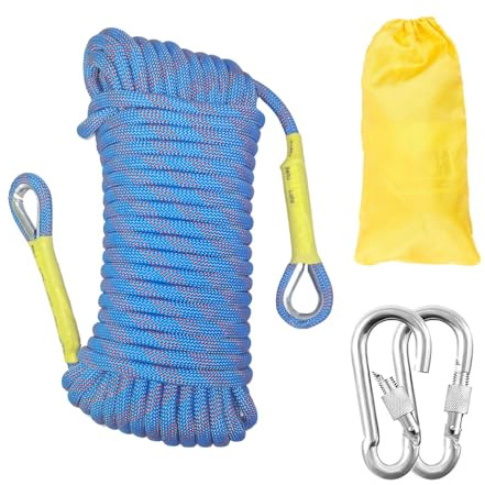 Gangying 14mm Corda da Arrampicata per Arrampicata Statica Corda di Sicurezza 10m con 2 Moschettone ad Alta Resistenza Carico di Rottura: 2800kg per Alpinismo Fuga Strumenti Salvavita Blu