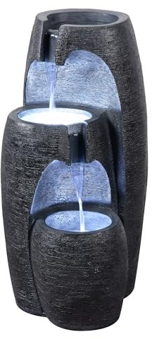Teamson Home Garden Outdoor Water Feature Modern 3-Tier Cascading Urn Water Fountain With LED Lights Black