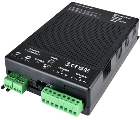 Adastra | IWA460B In-Wall Bluetooth Amplifier | 4-Channel 4 x 60W @ 4Ω Multi-Zone Class-D Stereo Amp with Bluetooth, Optical & Aux Inputs | Compact Wall-Mounted Audio for Multi-Room Music & PA