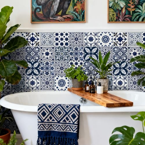 Klebefliesen Blätter Dunkelblau Fliesensticker Wasserdicht PVC Tile Sticker Entfernen Kleben Klebefolie Fliesen Dekoration für Badezimmer Möbel Selbstklebende Fliesen 24 Stück/10x10cm