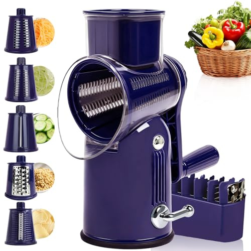 Rotary Cheese Grater with Handle, 5 Replaceable Blades(Purple) | Strong Suction Base, Round Food Slicer & Chopper for Kitchen Fruit Vegetables Nuts with Blade Storage Box