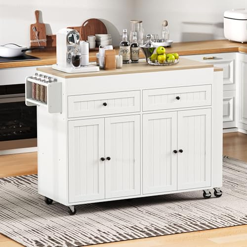 ZKLOEP Isla de cocina con ruedas, mesa de cocina extensible con encimera y cajones, isla de cocina móvil independiente, ideal para cocina y comedor (blanco y natural)