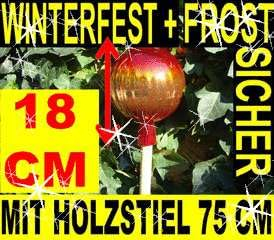 BTV 18 cm, Gartenkugel-Gartendeko Rosenkugel,Glas verspiegelt, handwerklich hergestellt,KOMPLETT MIT Holz-STIEL, gartendeko Kugel FROSTSICHER, LICHT- und WETTERFEST, gro,DEKO ROT - Gold Rosenkugeln R