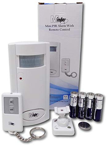 Minder MA30 MkII Mini PIR Motion Sensor Home Garage Shed Burglar Wireless Security Alarm with IR Remote Control (With Panasonic Powerline Batteries, White)